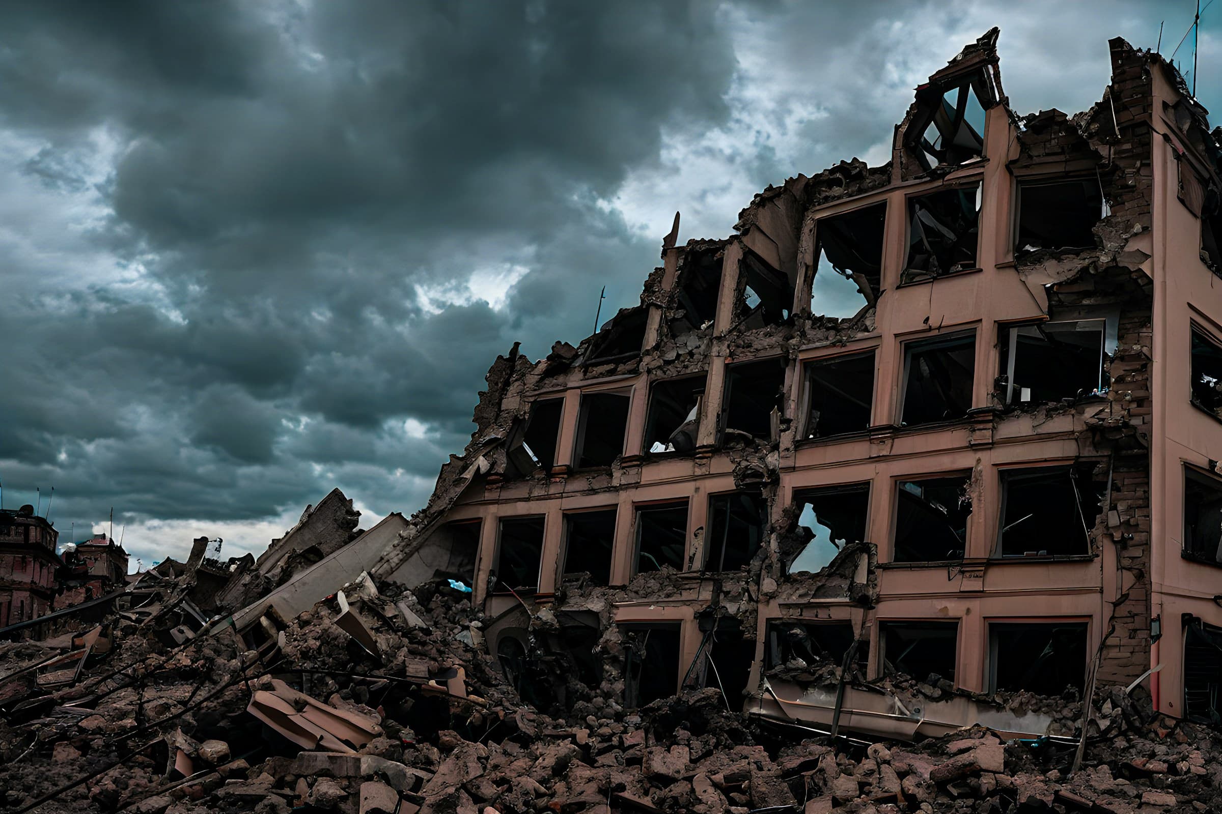 Storm clouds over a ruined office building in Ukraine